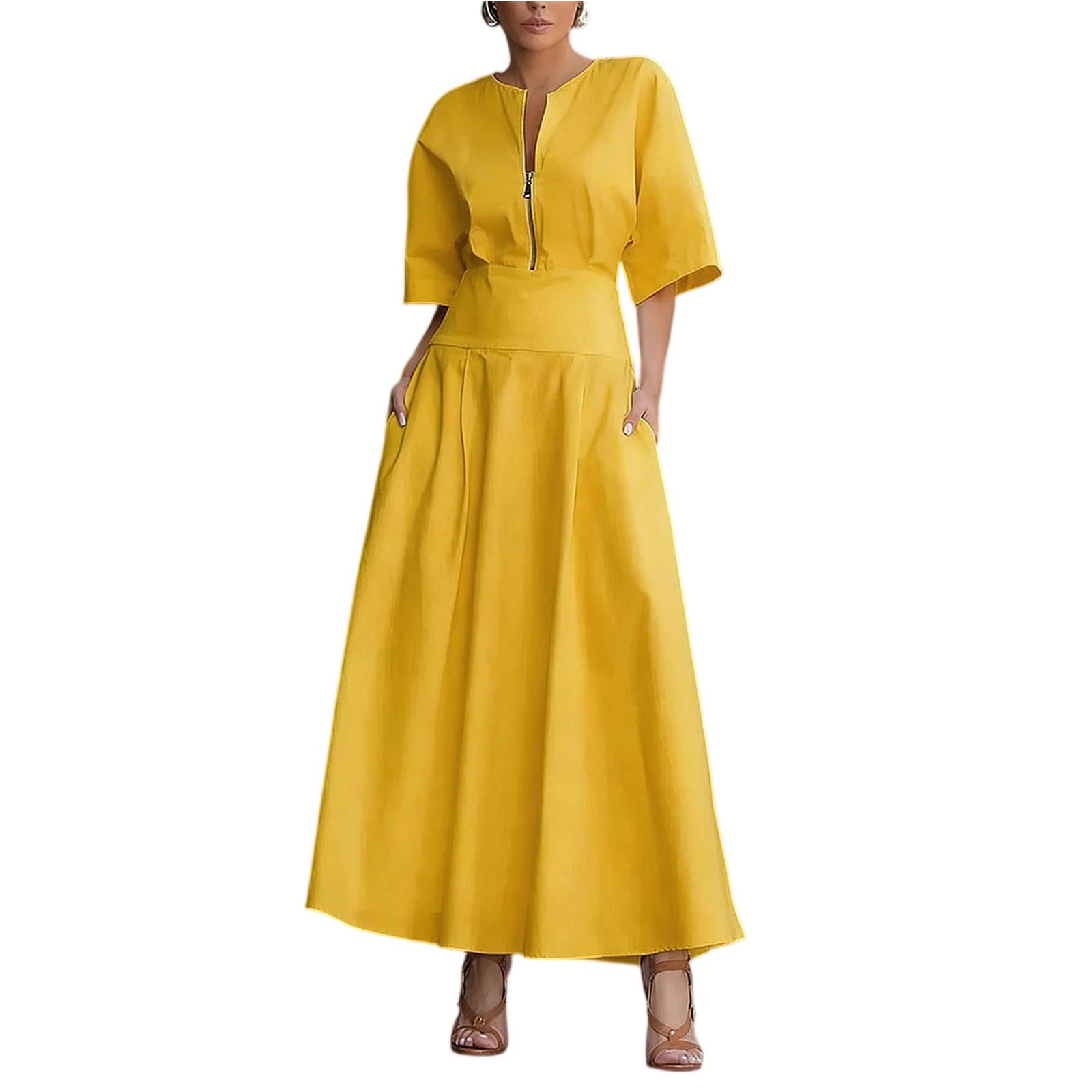 Fashionable Women s  Color Dress, Large Swing Long Skirt, Fashionable Casual Short Sleeved Dress, Women s S жёлтый