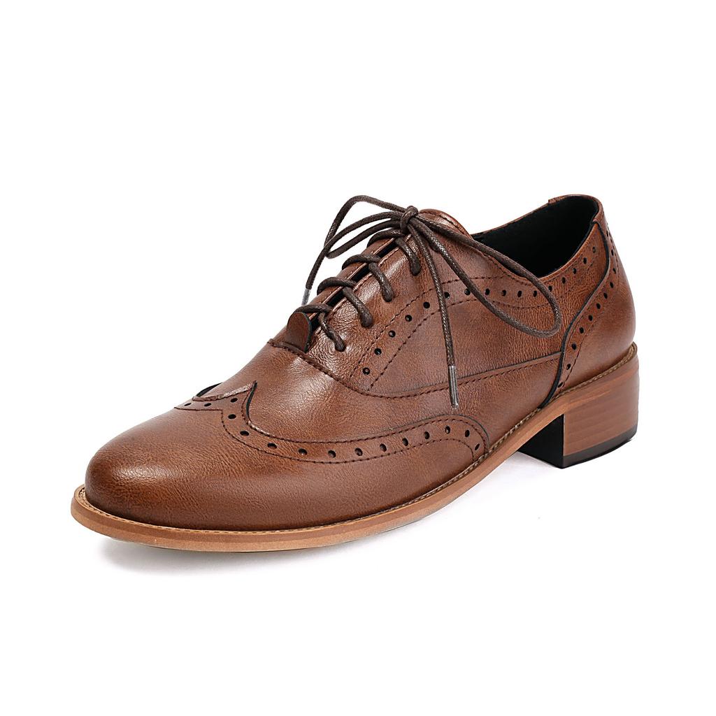 Comfortable Oxfords Flats Stylish Women's Perforated Heeled Brogue Wingtip Classic Lace-up Saddle Shoes Leather Walk Wear