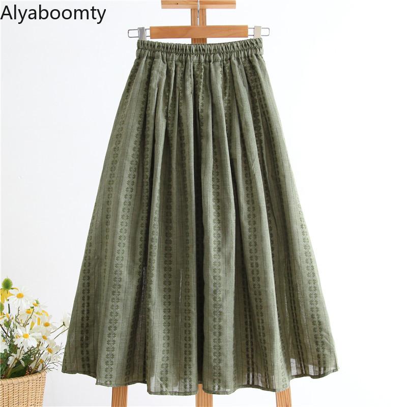 Mori Girl Spring Summer Women Cotton Linen Skirt High Waist Green Floral Printed Vintage Skirt All-Match Elegant Comfortable Skirt