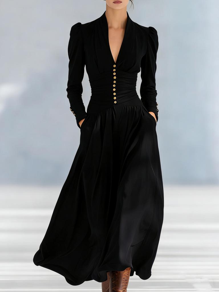 Elegant Empire Waist Dress V-Neck Bubble Sleeve Long Sleeve Maxi Dress for Women