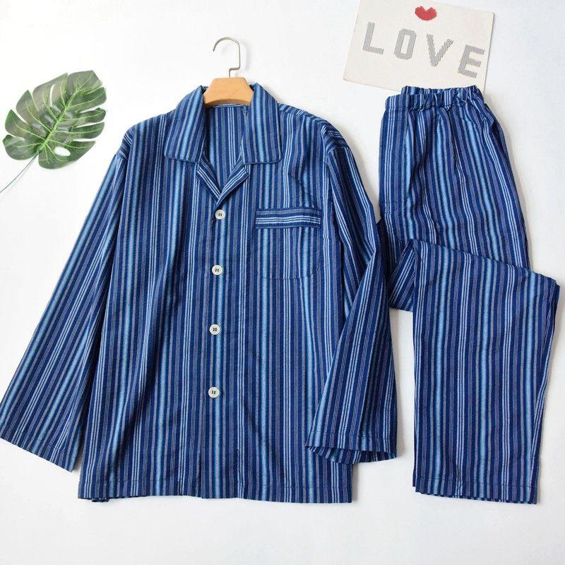 

Daily Order Spring & Fall Men Woven Cotton Stripes Long Sleeves Cardigan Pants Home Wear Pajamas Thin Suit Youth Blue Stripe L