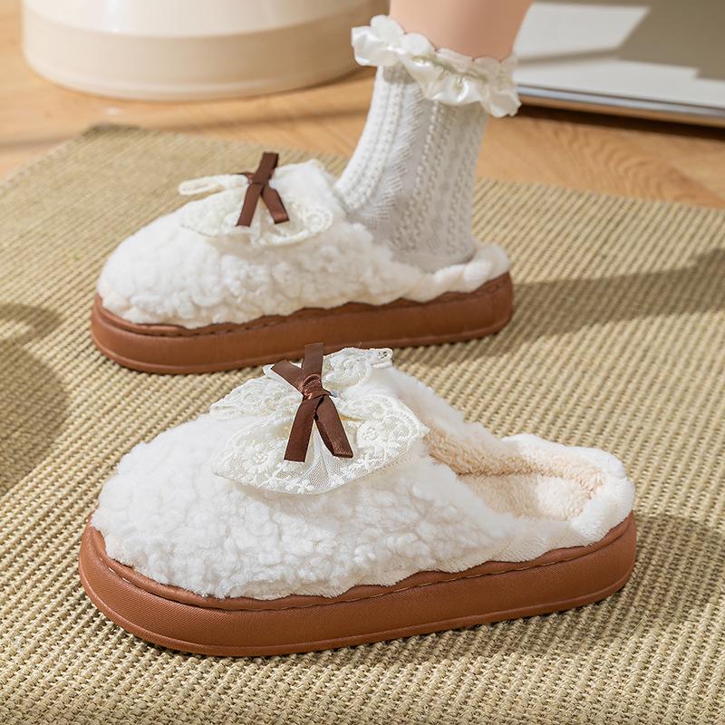 

Women s Winter Bowknot Cotton Slippers - Velvet Warm, Anti-slip, Thick Sole, Fluffy Indoor Postpartum Shoes 40-41