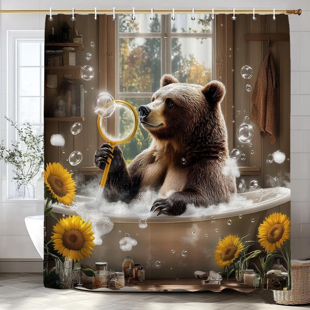 Fun Bathing Bubble Bear Animal Print Shower Curtain, Polyester Shower Curtain With Hooks For Bathroom Decorative Shower Curtain