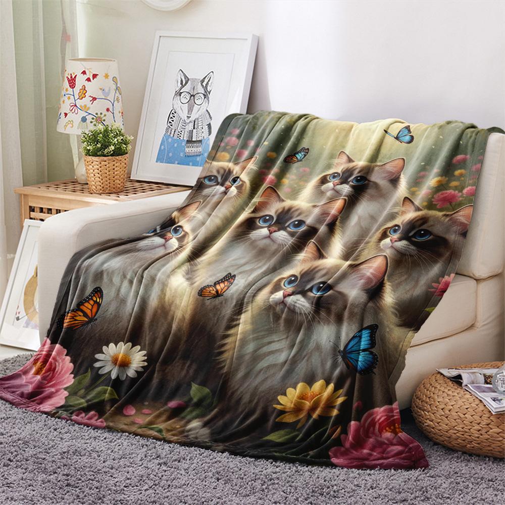 1PC Cat Print Flannel Blanket, High quality Comfortable for All Seasons, Home Decor, Warmth and Comfort