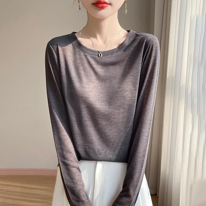 Women's Long Sleeve Round Neck Tencel Cotton Sheer T-Shirt - Slimming, Loose Fit, Knit Base Layer, New Basic Style