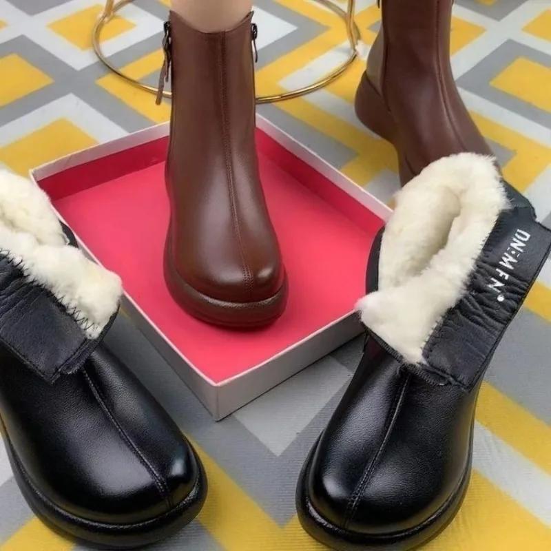 2025 Women Snow Boots Fur Ladies Shoes Zipper Winter Boots Women Solid Color Warm Mom Cotton Ankjle Boots Flat with Shoes Botas
