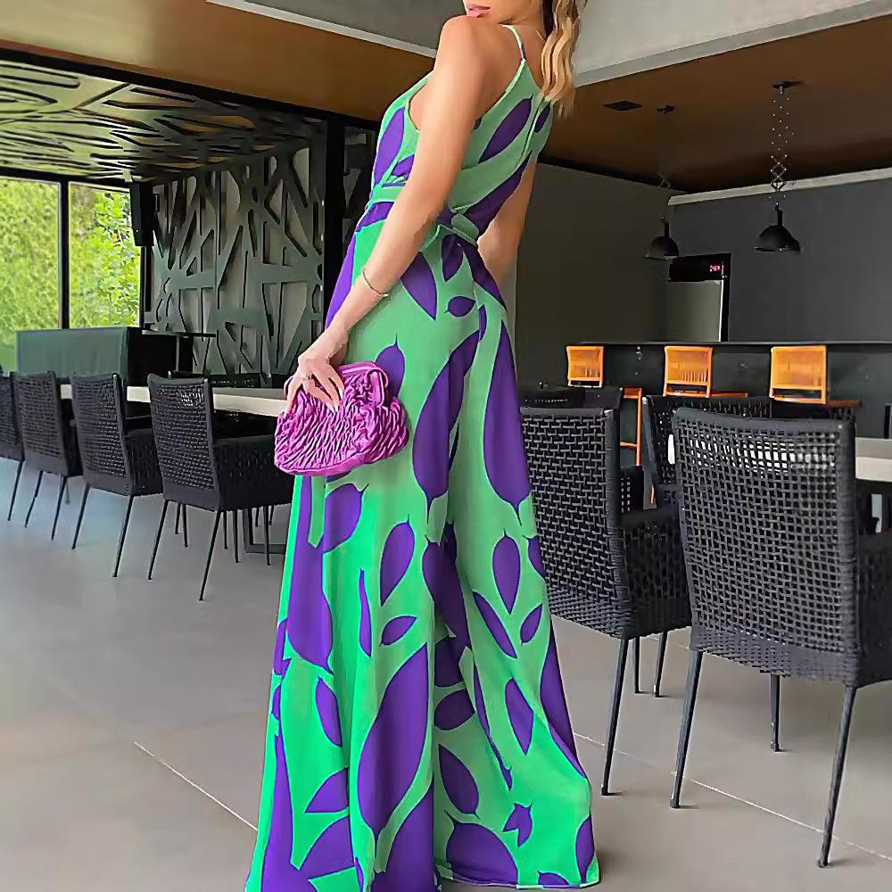 Combinaison verte à imprimé, style européen et américain, tempérament printanier, pour le travail, sans manches, à bretelles, style pantalon évasé, taille haute