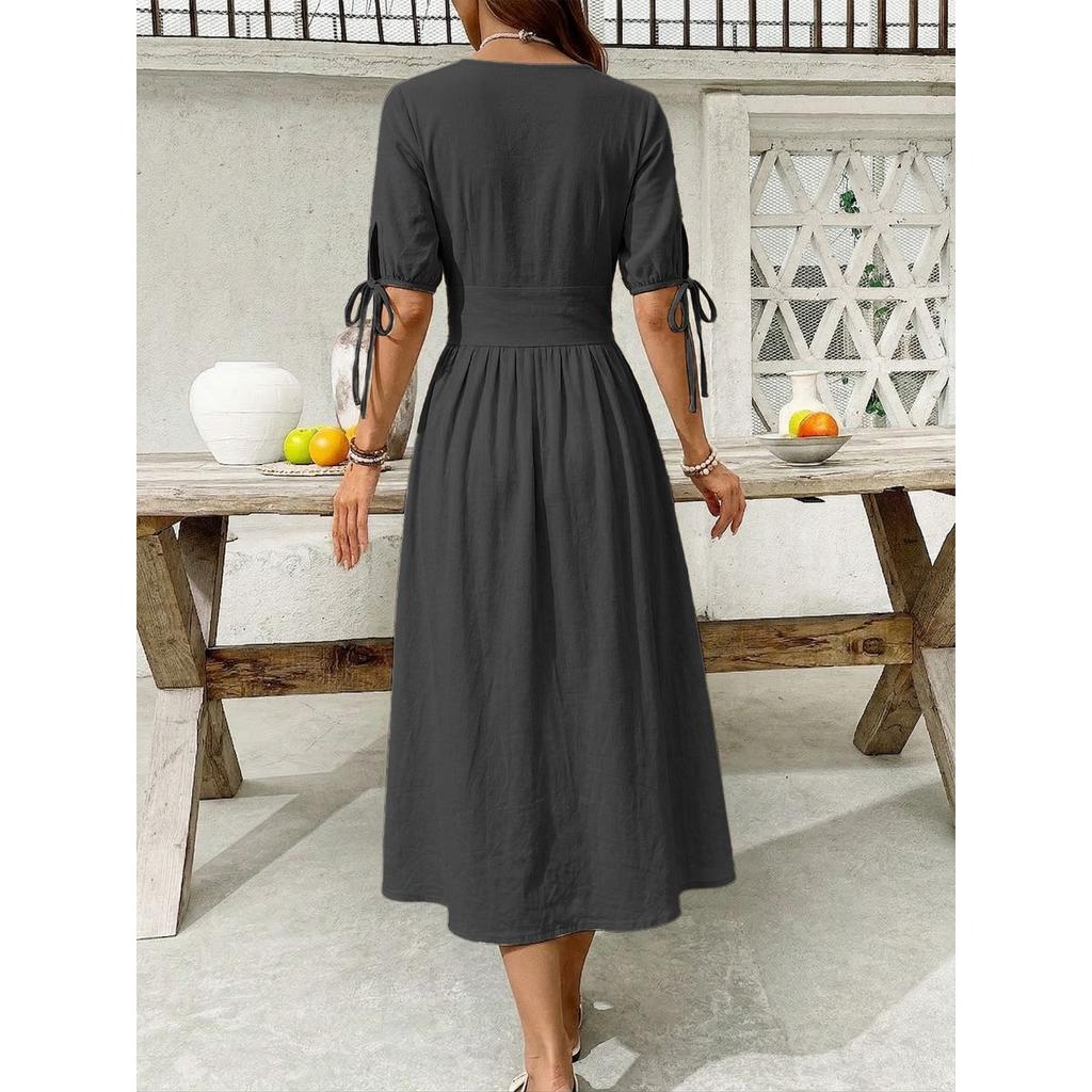 Summer Women's Solid V-neck Short Sleeve Casual Dress European American Style Beach Holiday Vacation Dress