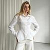 European and American shoulder padded pure cotton white shirt women's waist irregular hem niche design sense casual long-sleeved temperament shirt