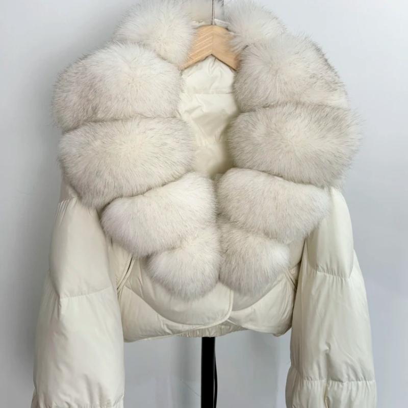 Lagabogy Winter Real Fox Fur Collar Short Parkas Women Thick White Duck Down Cropped Jacket Streetwear Female Puffer Coats