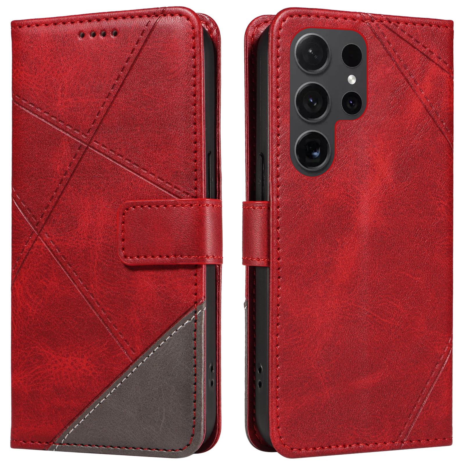 

For Samsung Galaxy S24 Ultra Case PU Leather Phone Cover with Card Holder Geometric Line Red