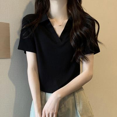 Small Front Shoulder Short Sleeve Short T-shirt Women's Summer Solid Color New Polo Shirt Lapel Black Top