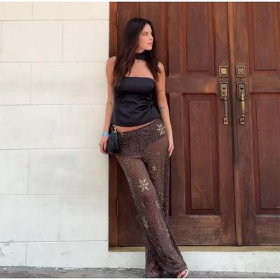 Street Sequined Print Pants Women Elastic Waist Wide Leg See Through Trousers Female 2026 Spring Summer Lady Shiny Party Pant