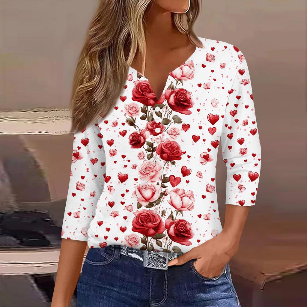 Women's Valentine's Day Printed V-Neck Casual Versatile Three-quarter Sleeve Button Top