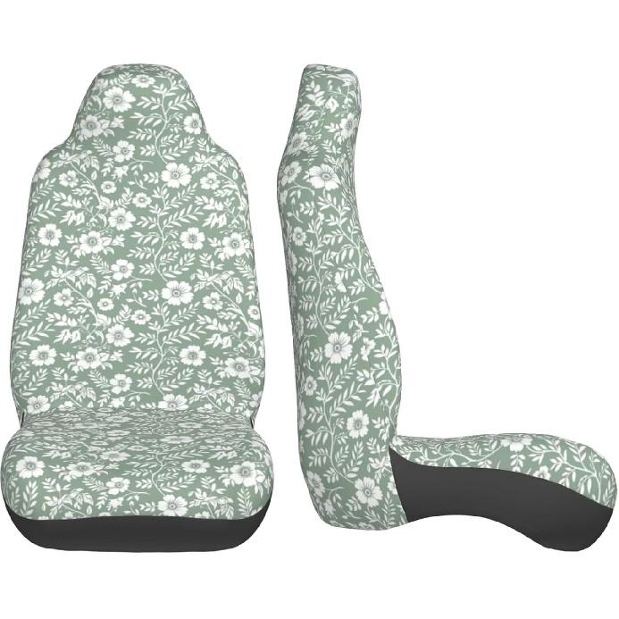 Floral Auto Seat Covers Cute Leaf Front Seat Protector Fit for Cars Sedan SUV Van Set of 2 Pcs, Sage Green Cloth Automotive Vehicle Seat Covers for