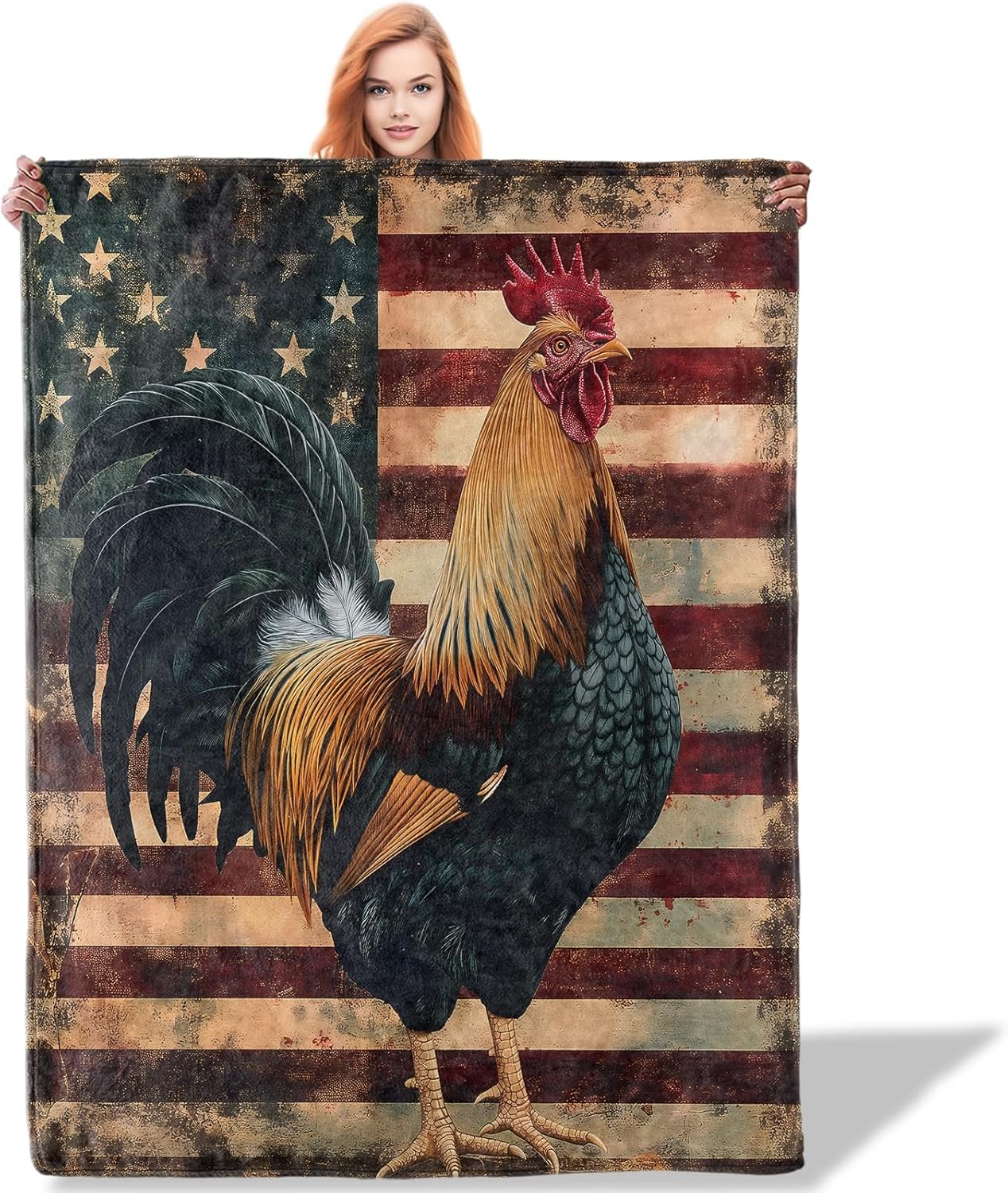 Patriotic Rooster Throw Blanket, Farmhouse Style Flannel Throw, Vintage American Flag Rooster Gifts for Women, 50x60 Inch 75X95CM