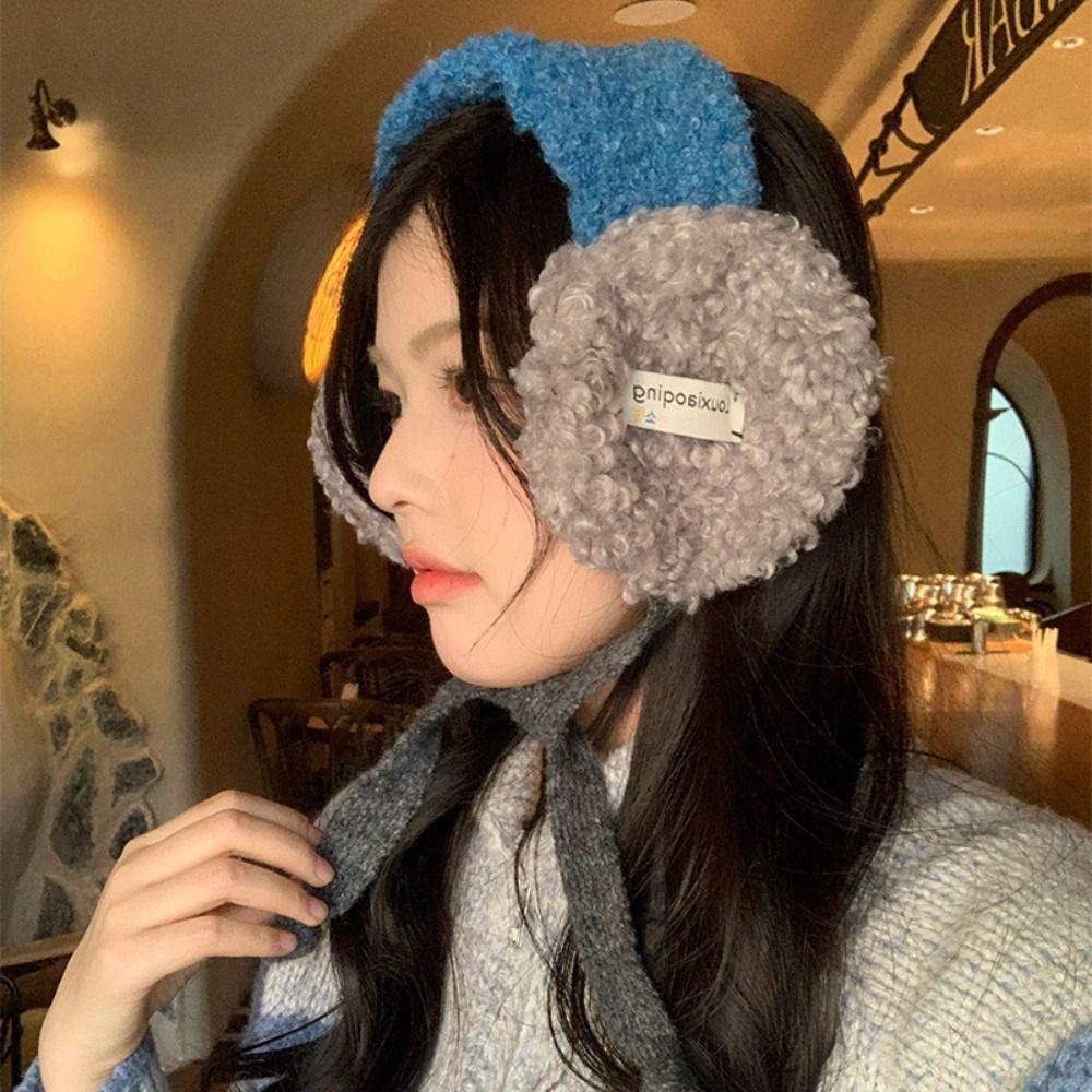 Rolled Plush Earmuffs Color Matching Ear Protection Fashion Lace-up Pullover Hat Winter Outdoor