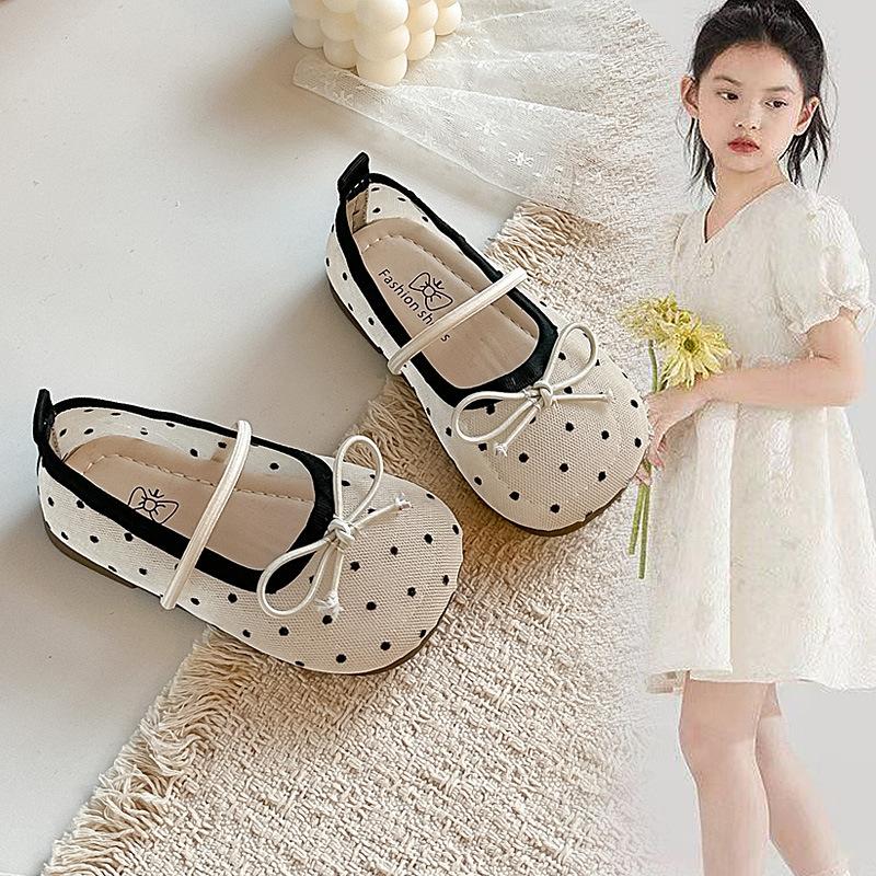 Cute Polka Dot Mesh Shoes for Girls2026Spring and Summer Bow-tie Princess Shoes for Young Children, Middle-aged Children, and Older Children,
