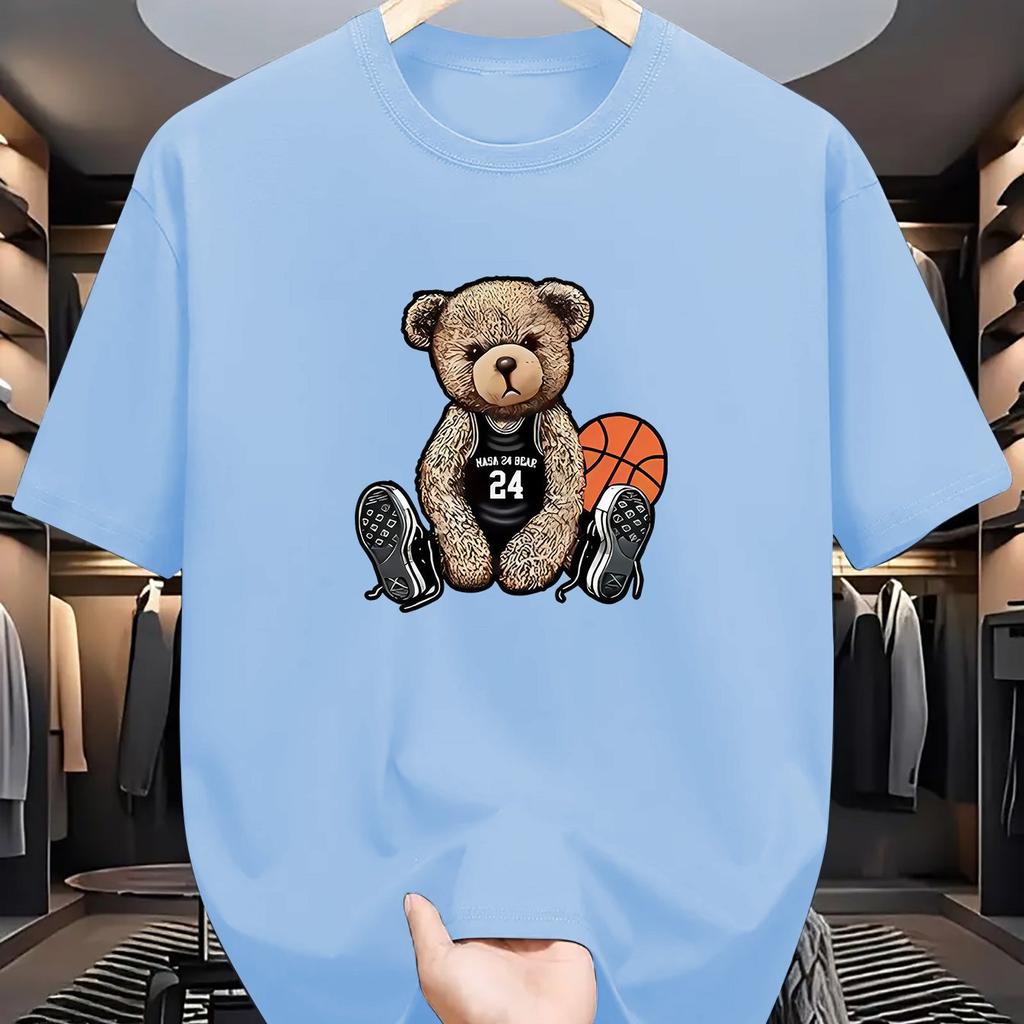 Men's Summer 100% Cotton Fashion Casual Loose Large Size Casual Bear Print Sports Round Neck Short-sleeved T-shirt Tops