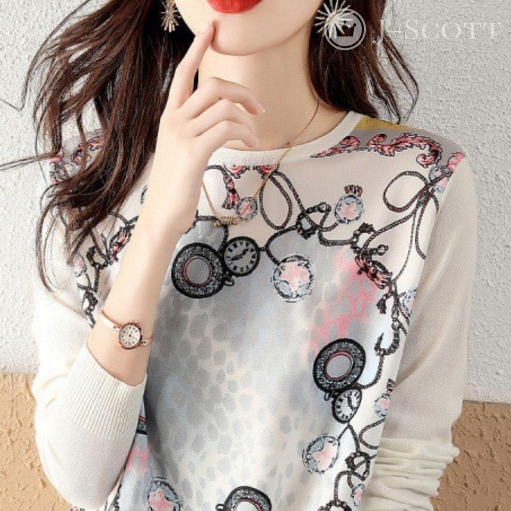 J-Scott Women's Knit Top, Pullover, Round Neck, Layered with Different Materials, Scarf Print, Leopard Print, White, JS163-WH-L