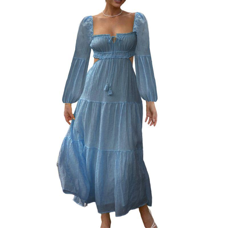 

Foreign Trade Women clothes French style Retro Autumn New Palace Style Elegant Square Collar Long sleeve Sexy Waist-Exposed Big Hemline Dress Cowboy Blue L