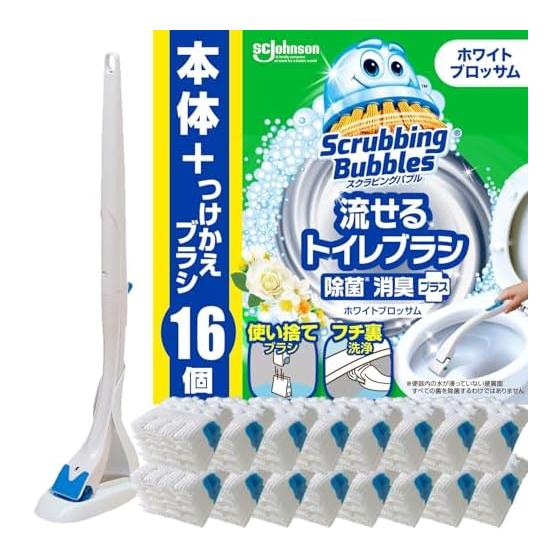 Щетка для унитаза Scrubbing Bubbles, смываемая, дезинфицирующая и дезодорирующая, с ароматом Белого Цветка, Основной блок + Сменная насадка (16 шт.) Чистящее моющее средство