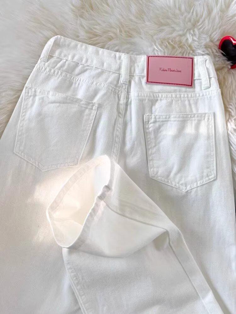 

White High-Waisted Slimming Jeans for Women, Summer Lightweight, American High Street Style, Narrow Straight Wide-Leg for Petite Sizes 3XL белый