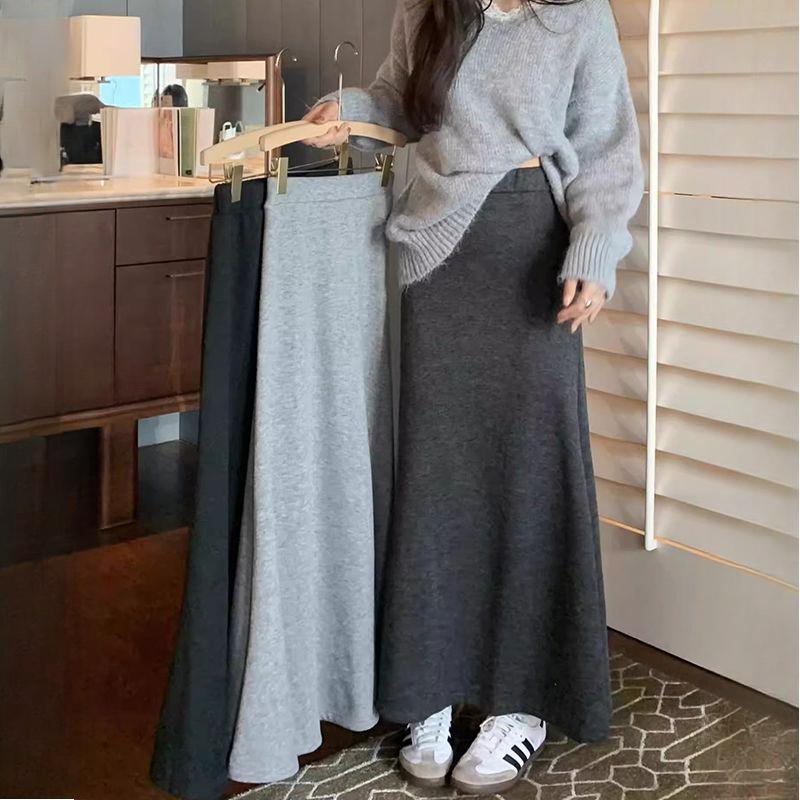 Grå High-End Dam Högmidjad A-linje Sjöjungfru Halvkjol Elastisk Midja Slim-Fit Elegant Stil för Vår Höst Vinter