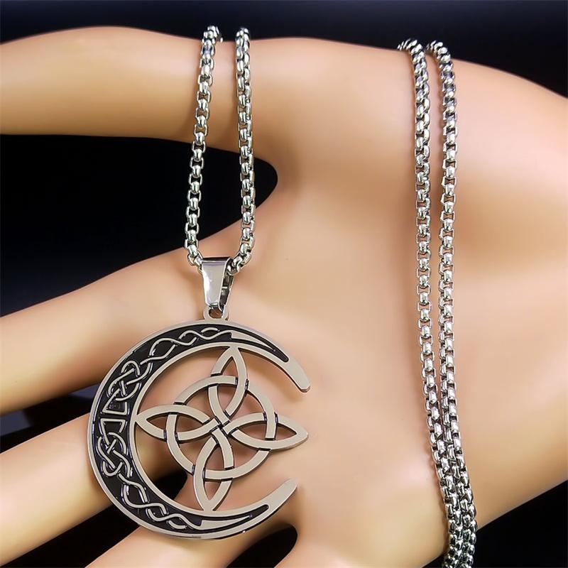 Crescent Celtic Irish Knot Necklaces Stainless Steel Witch Moon Amulet Protection Chain Necklace Zircon Collier Luna N8145S1
