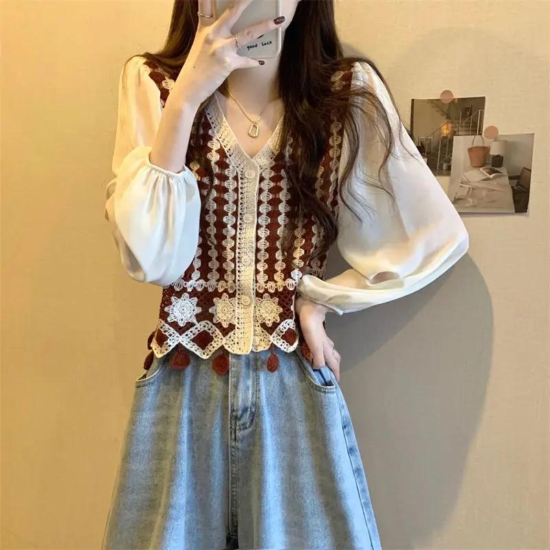 Hochtaillierter Strick-Cardigan Sonnenschutz-Shirt Blume Ausgehöhltes Top für Damen im Frühling V-Ausschnitt Kurz