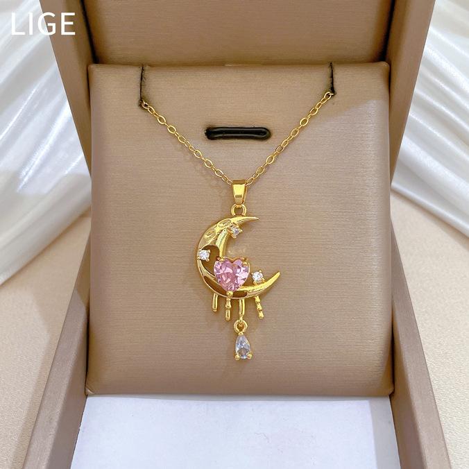 Moon Tassel Full Diamond Light Luxury Temperament Gorgeous Full Diamond Necklace Female Versatile Collarbone Chain Titanium Steel Chain