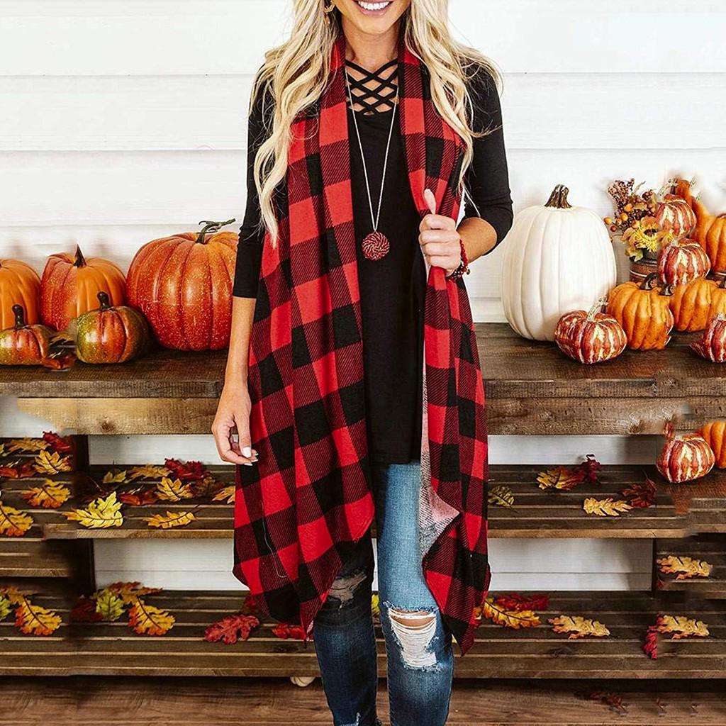 Womens Plaid Open Front Cardigan Sleeveless Pockets Drape Lightweight Vest Coat