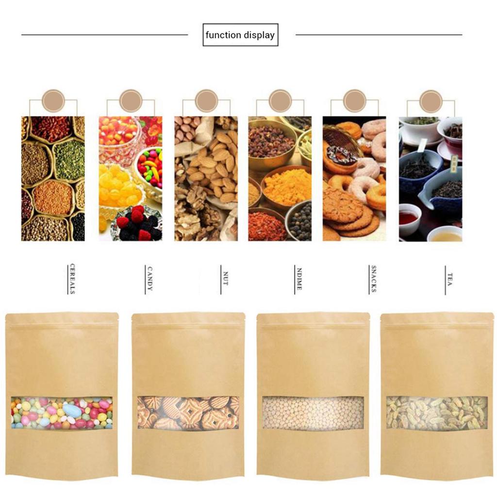 50Pcs Stand Up Pouch Bags Kraft Pouches with Tear Notch and Matte Window Re Able Zip Lock Food Storage Bags