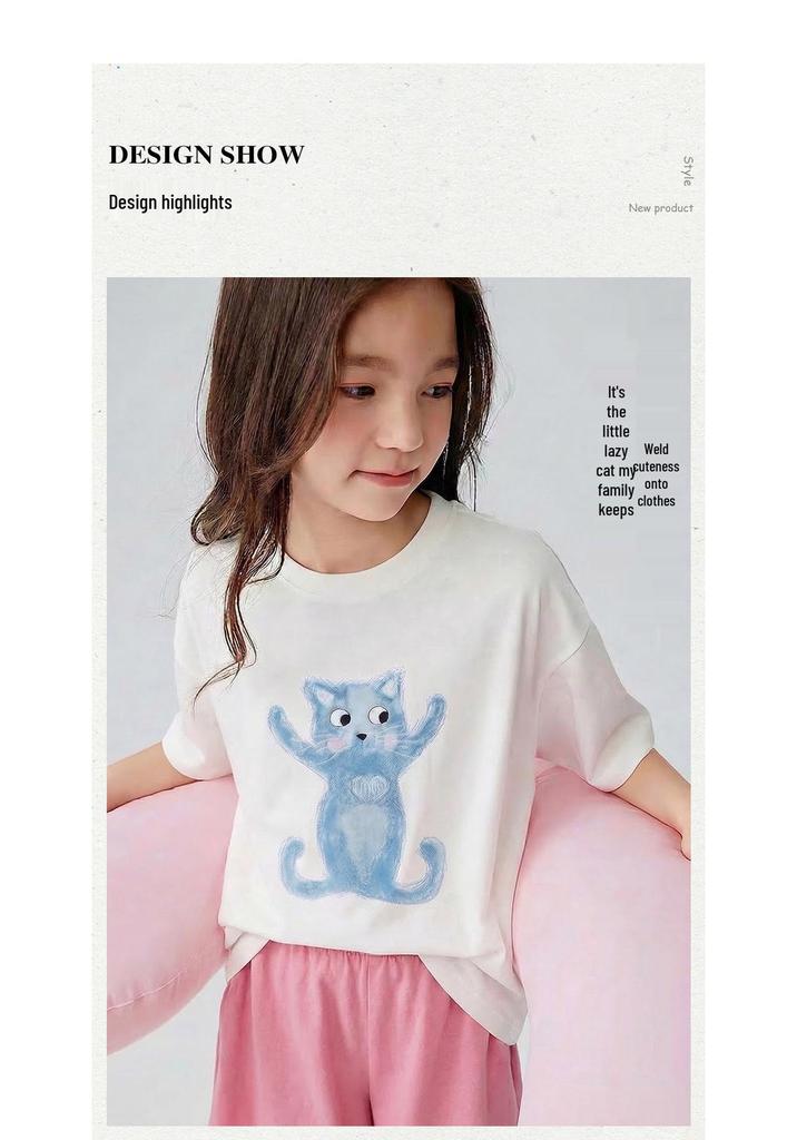 Girls' White Cartoon Cat Loose-Fit Round Neck T-Shirt