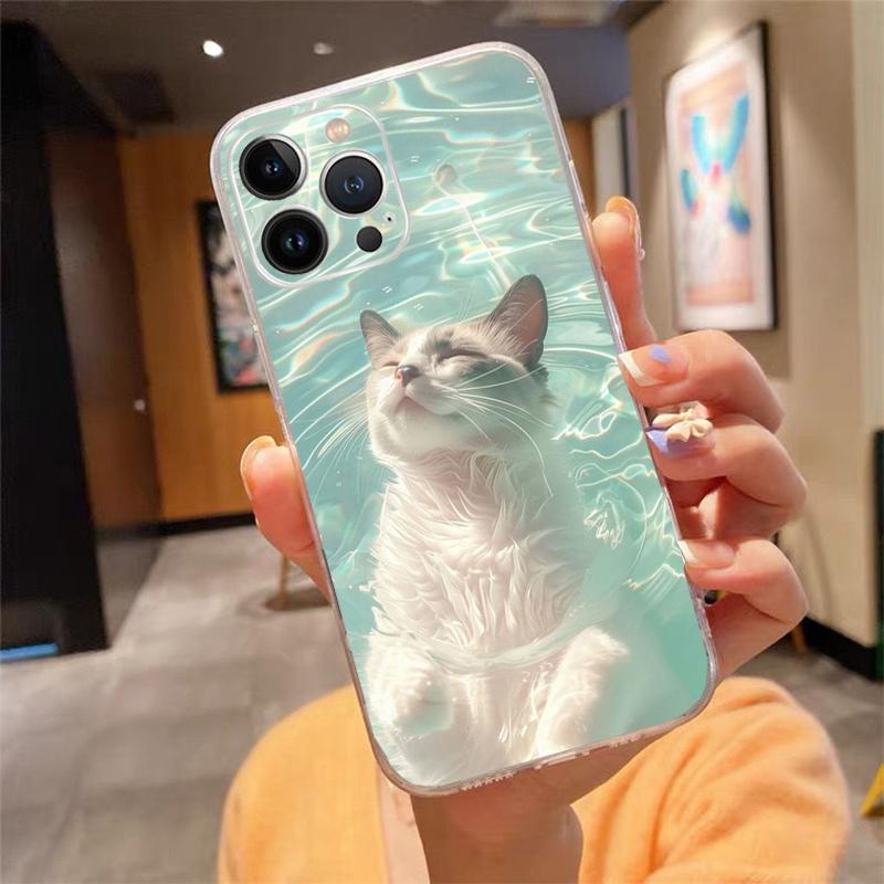 Cute White Cat Phone Case For iPhone 17 Pro Max Air 17 16 15 14 13 Pro Max 15 16 Pro 15Plus Silicone Cover