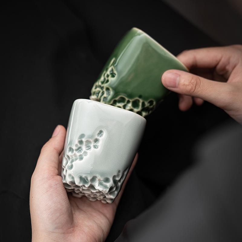Green Glaze Handmade Ceramic Teacup Chinese Kung Fu Gongfu Teaware Set Retro Japanese Mugs Drinkware Tea Ceremony Master Cups
