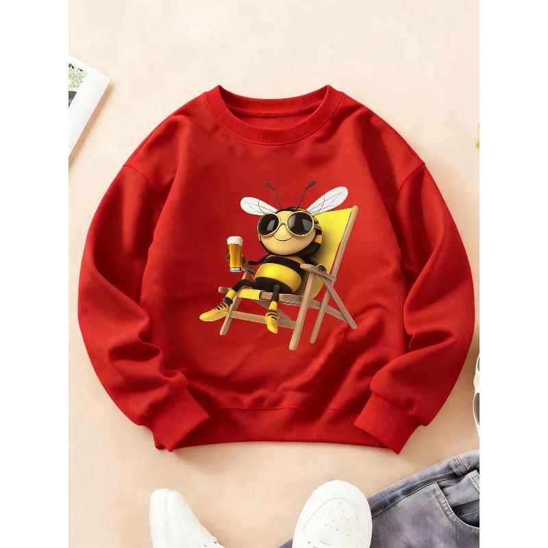 Kids Crewneck Long Sleeve Sweatshirt, Fun Quirky Print of Glasses-Wearing Bee Drinking Beer