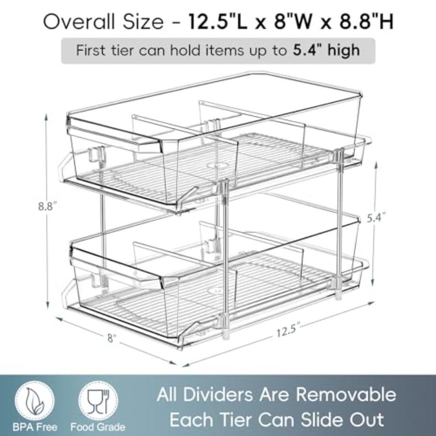 2 Set 2 Tier Clear Organizer with Dividers for Cabinet Shelf Counter - MultiUse Slide-Out Storage Container - Kitchen Pantry Me