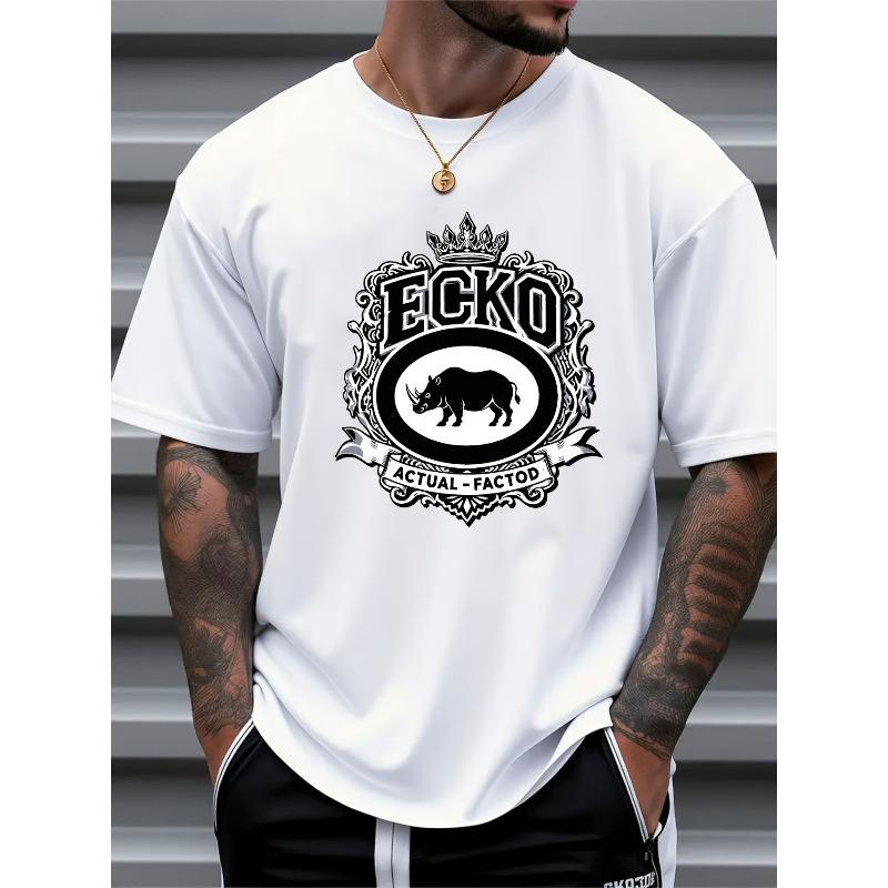Europäische Größen ECKO Grafikdesign Schwarzes T-Shirt für Herren - Lässiges Tee mit kräftigem Nashorn- und Kronenmotiv