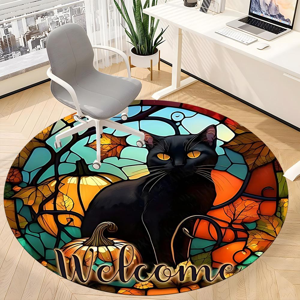 1pc Pumpkin Cat Office Round Area Rug, Under Office Chairs Bedroom Living Room Home Decor, Room Deco, Available in Various Sizes