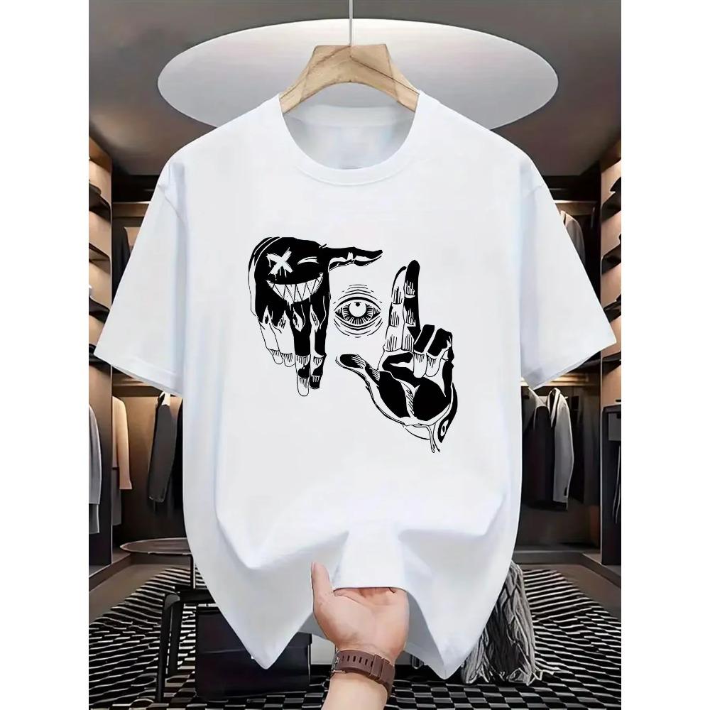 Summer Men's 100% Pure Cotton Casual Loose Plus Size Gesture Eye Personalized Pattern Printed Round Neck Short Sleeved T-shirt