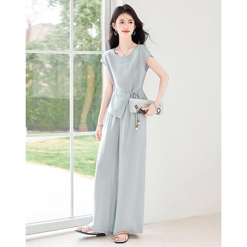 Women's Elegant Tie-Waist Short Sleeve Top & Pants Set