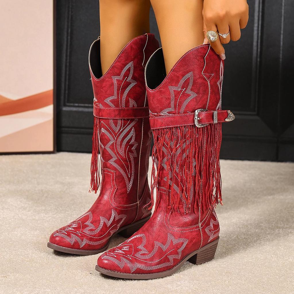 Autumn 2025 Embroidered buckle tassel western comfortable stylish versatile vacation cowboy boots for women
