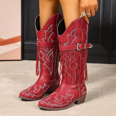 Stivali da cowboy western comodi, eleganti, versatili per le vacanze, con fibbia ricamata e nappe, Autunno 2025, per donna