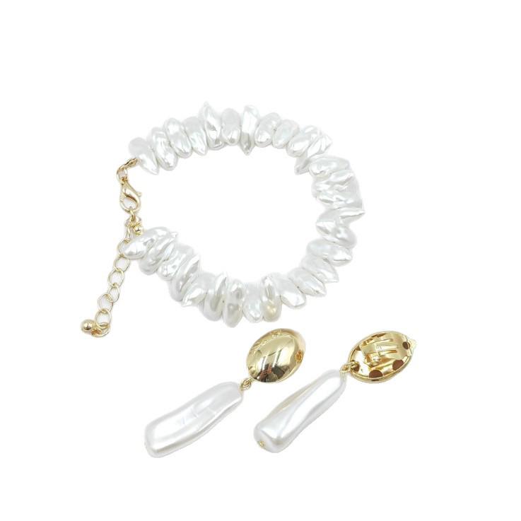 European & American Irregular Baroque Pearl Bracelet & Ear Clip Set – No Piercing Required