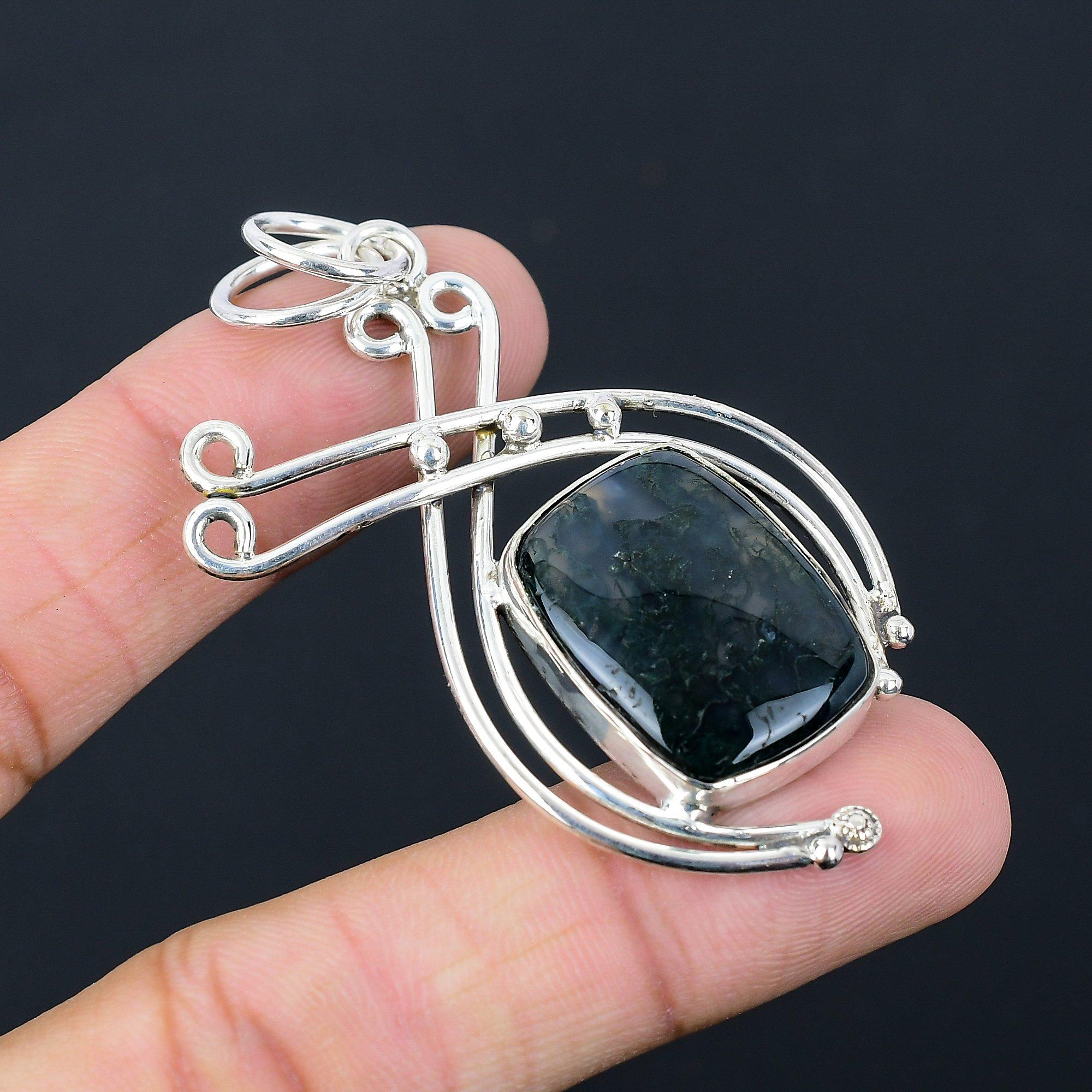 Mothers day Deal Solar Moss Agate Gemstone 925 Sterling Silver Pendant Jewelry