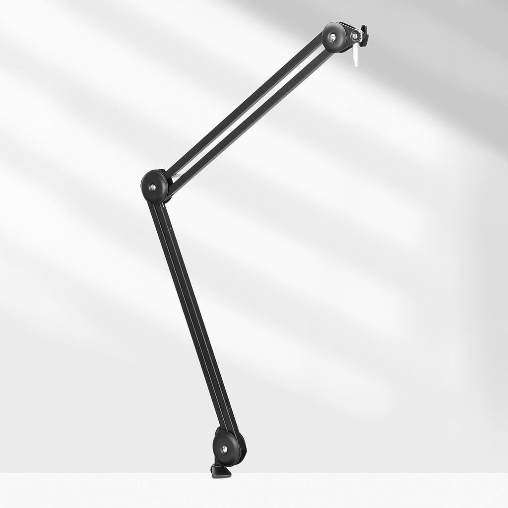 Adjustable microphone arm stand with shock-mounted basket for desk - black