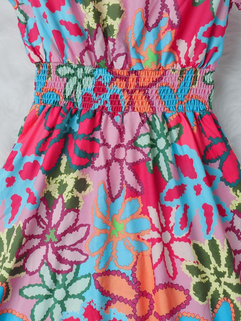 Women Sweet Floral Print Flutter Short Sleeve V Neck A Line Long Vacation Dress