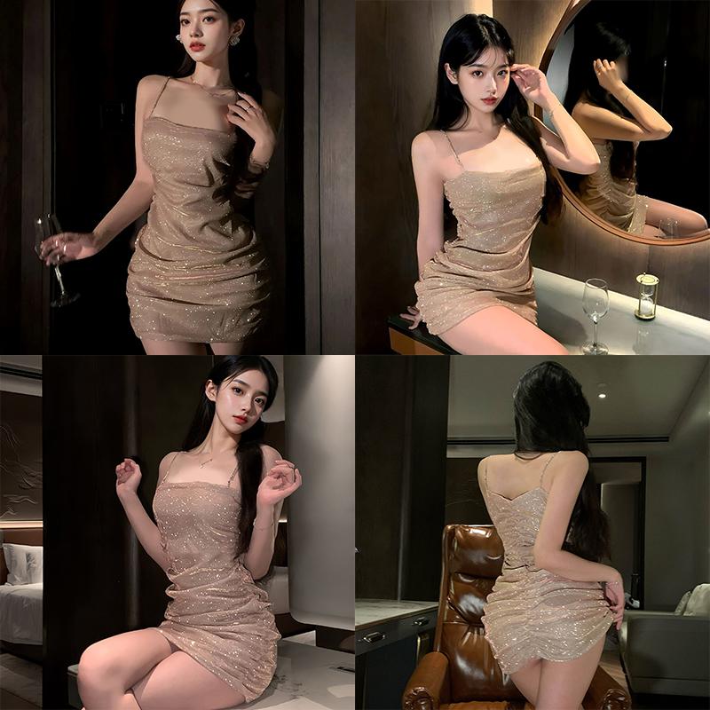 Sexy Lingerie Women Shiny Sleeveless Party Club Wrapped Sling Dress Nightdress