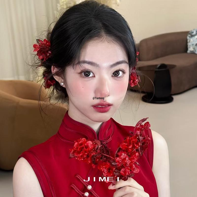 

Chinese Bridal Red Flower Headpiece & Accessories for Engagement and Qipao Styling